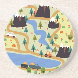 Mountains, rivers, forest, car pattern. coaster