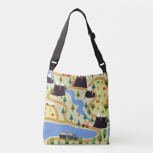 Mountains, rivers, forest, car pattern. crossbody bag (Front)