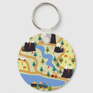 Mountains, rivers, forest, car pattern. key ring