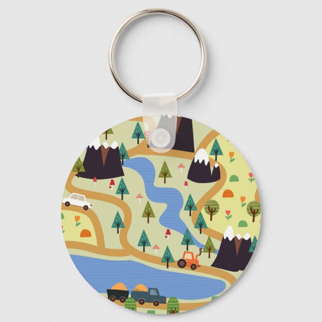 Mountains, rivers, forest, car pattern. key ring (Front)