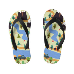 Mountains, rivers, forest, car pattern. kid's thongs