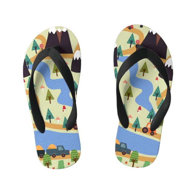 Mountains, rivers, forest, car pattern. kid's thongs (Footbed)