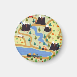 Mountains, rivers, forest, car pattern. magnet
