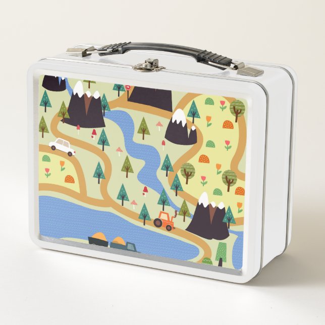 Mountains, rivers, forest, car pattern. metal lunch box (Front)