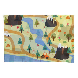Mountains, rivers, forest, car pattern. pillowcase