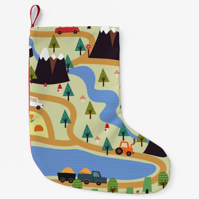 Mountains, rivers, forest, car pattern. small christmas stocking (Front)
