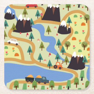 Mountains, rivers, forest, car pattern. square paper coaster