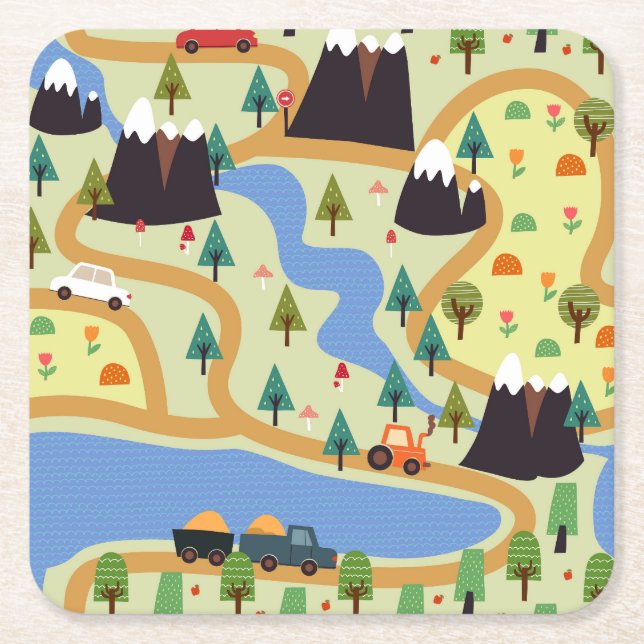 Mountains, rivers, forest, car pattern. square paper coaster (Front)