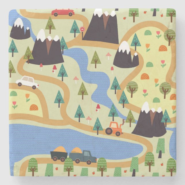 Mountains, rivers, forest, car pattern. stone coaster (Front)