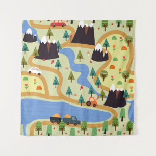 Mountains, rivers, forest, car pattern. tapestry