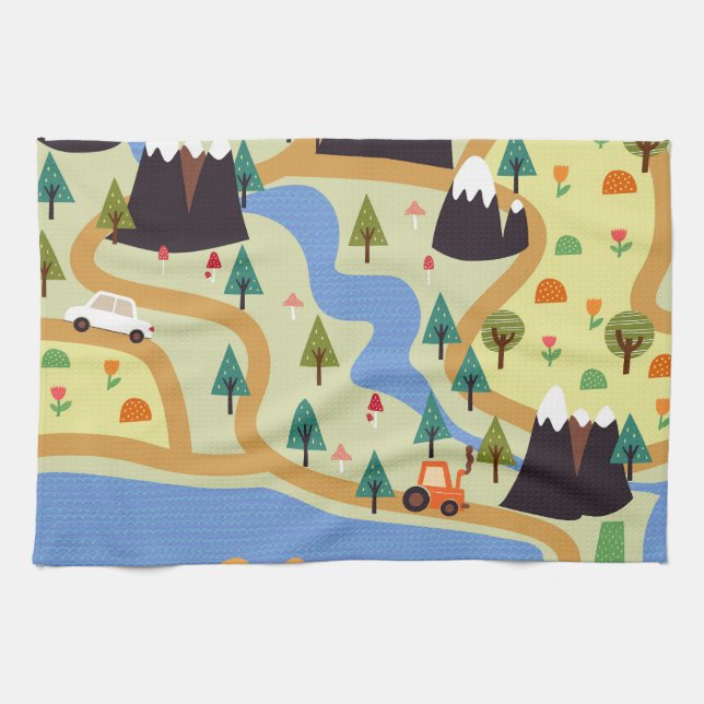 Mountains, rivers, forest, car pattern. tea towel (Horizontal)