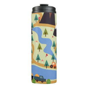 Mountains, rivers, forest, car pattern. thermal tumbler