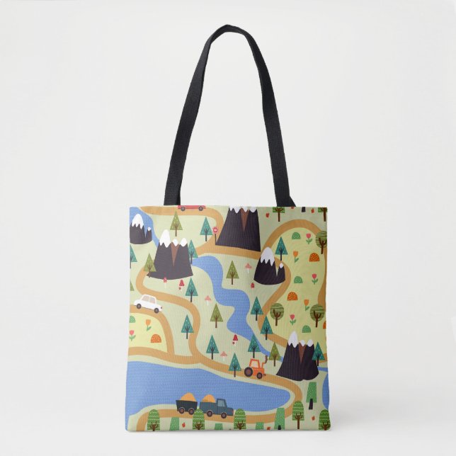 Mountains, rivers, forest, car pattern. tote bag (Front)