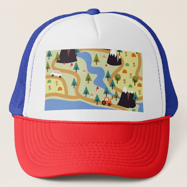 Mountains, rivers, forest, car pattern. trucker hat (Front)