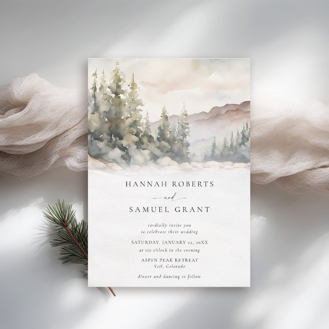 Mountains Scene Rocky Ridge Romantic Wedding Invitation (mountains wedding invitation rustic outdoors rocky ridge watercolor scene modern classy earthy )