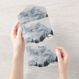 Mountains, Snow, Forest, Cabin Wedding   All In One Invitation