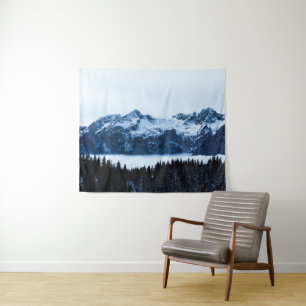 Mountains, spruce forest and clouds tapestry