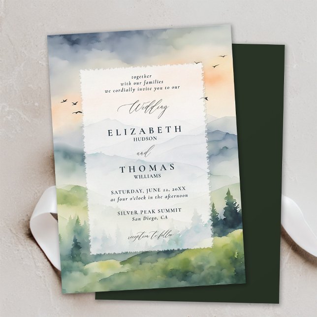 Mountains Sunrise Dream Deckle Frame Wedding Invitation (mountains wedding invitation romantic sunrise rustic outdoors forest pine birds landscape watercolor)