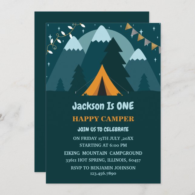 Mountains Tent One Happy Camper First Birthday Invitation (Front/Back)