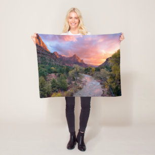 Mountains The Watchman Zion Nathional Park Utah Fleece Blanket