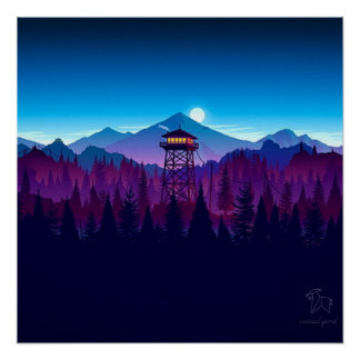mountains, trees, a tower, a night forest poster