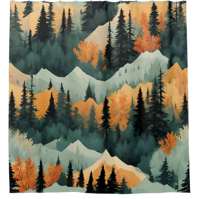 Mountains Trees Green And Orange Nature Pattern Shower Curtain (Front)
