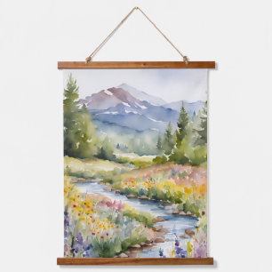 Mountains Trees Nature Watercolor Creek Scene Hanging Tapestry