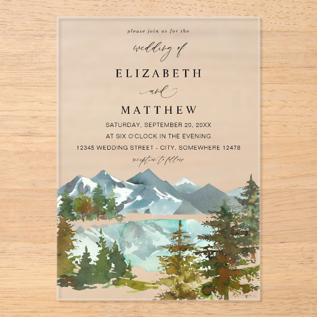 Mountains & Trees Rustic Wedding V2 Acrylic Invitations (Front)