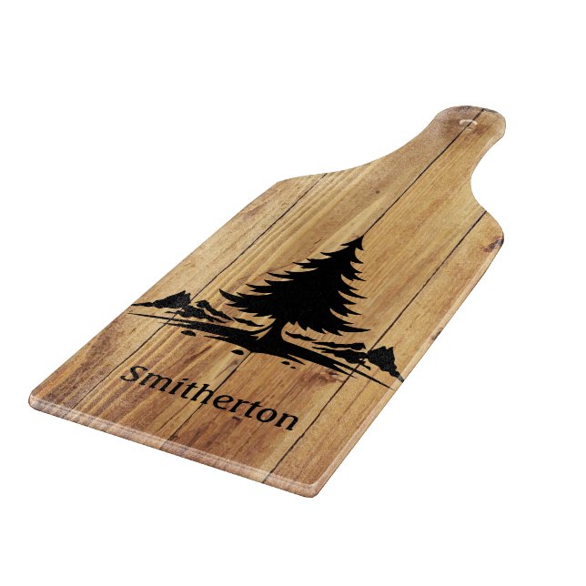 Mountains Trees Rustic Wood Family Name Glass Cutting Board (Corner)