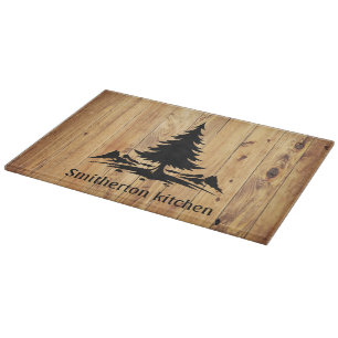 Mountains Trees Rustic Wood Family Name Glass Cutting Board