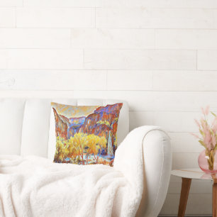 Mountains Trees Waterfall Abstract oil painting Cushion