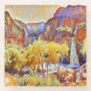 Mountains Trees Waterfall Abstract oil painting   Glass Coaster
