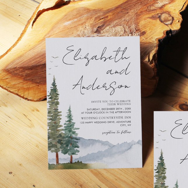 Mountains - Watercolor Rustic Pine Trees Wedding Invitation (Creator Uploaded)
