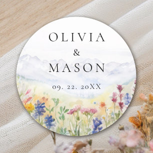 Mountains Wildflowers Meadow Rustic Floral Wedding Classic Round Sticker
