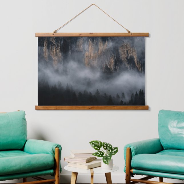 Mountains with fog through spruce forest hanging tapestry (Living Room)