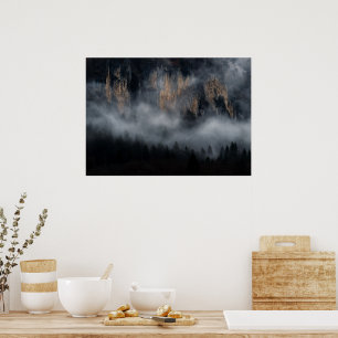 Mountains with fog through spruce forest poster