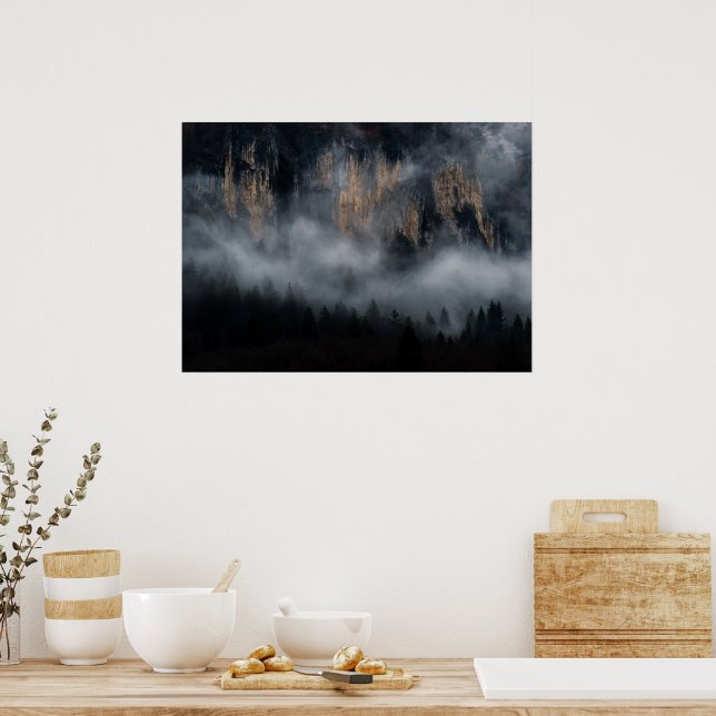 Mountains with fog through spruce forest poster (Kitchen)