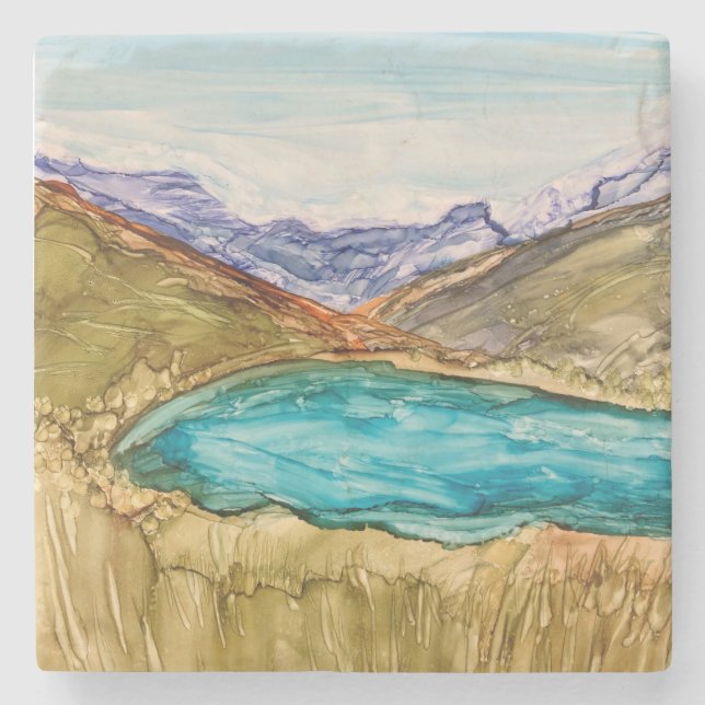 Mountains with lake   stone coaster (Front)