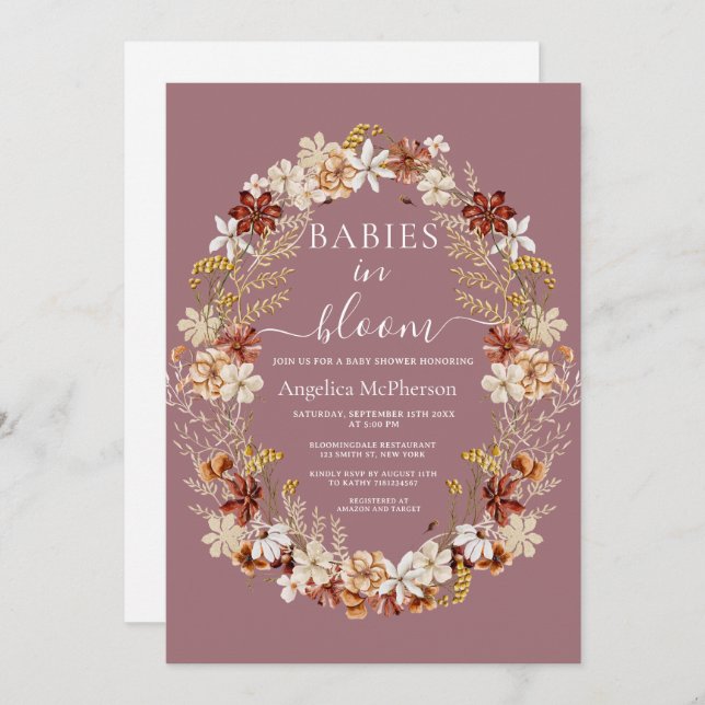Mountbatten Pink Wild Flowers Wreath Twin Babies Invitation (Front/Back)