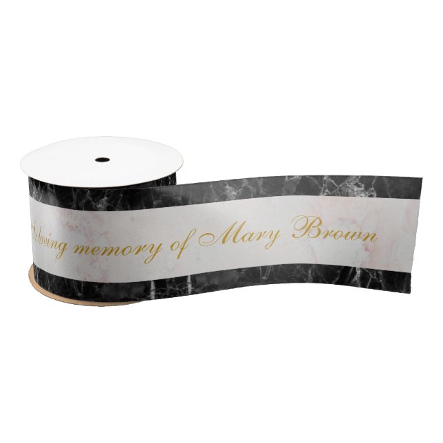 Mourning Black Marble White Marble Golden Script Satin Ribbon (Spool)