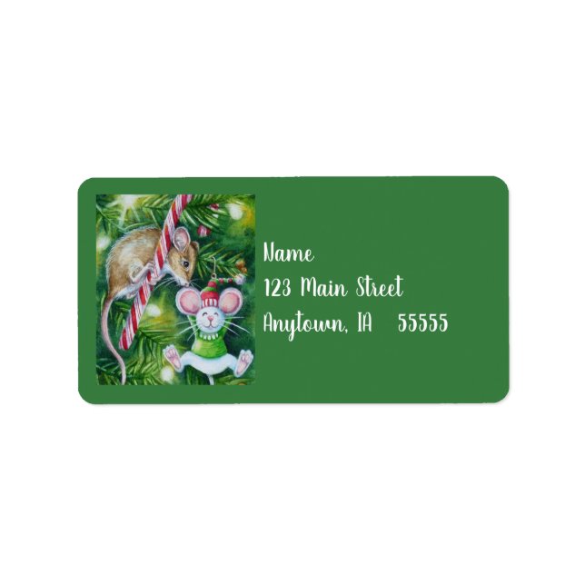 Mouse and Christmas Tree Ornament Watercolor Art Label (Front)