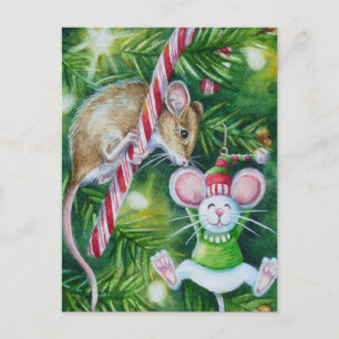 Mouse and Christmas Tree Ornament Watercolor Art Postcard