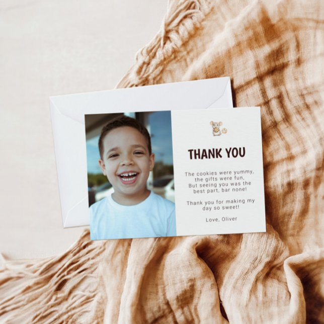 Mouse and Cookie Birthday Photo Thank You Card (Sweet Cookie Mouse Theme Kid Birthday Thank You Card)