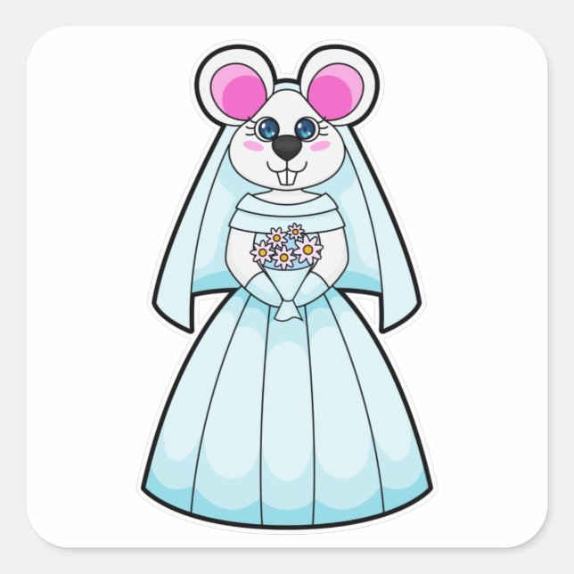 Mouse as Bride with Bunch of flowers Square Sticker (Front)