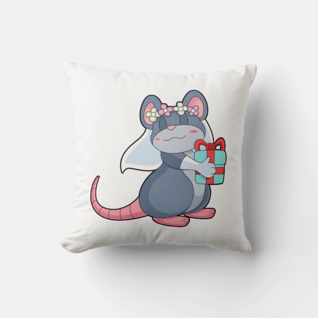 Mouse as Bride with Veil & Gift.PNG Cushion (Front)