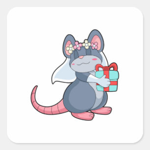 Mouse as Bride with Veil & Gift.PNG Square Sticker