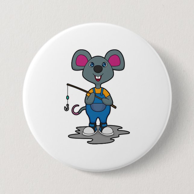 Mouse as Fisher with Fishing rod 7.5 Cm Round Badge (Front)