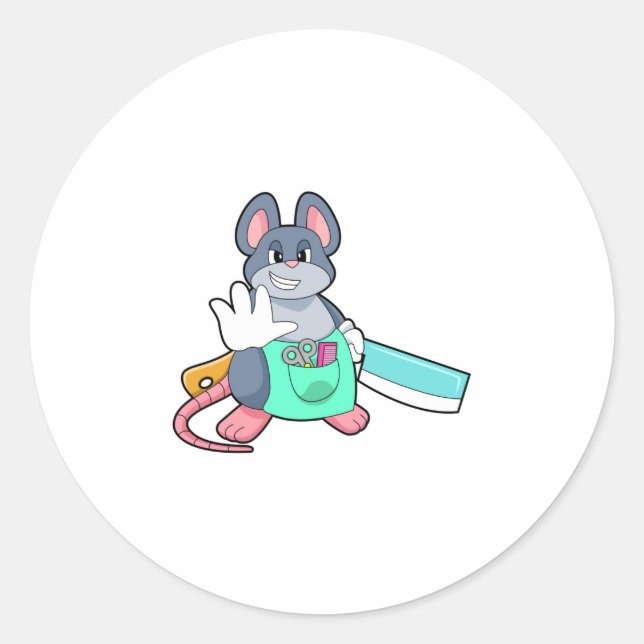 Mouse as Hairdresser with Scissors & Comb Classic Round Sticker (Front)