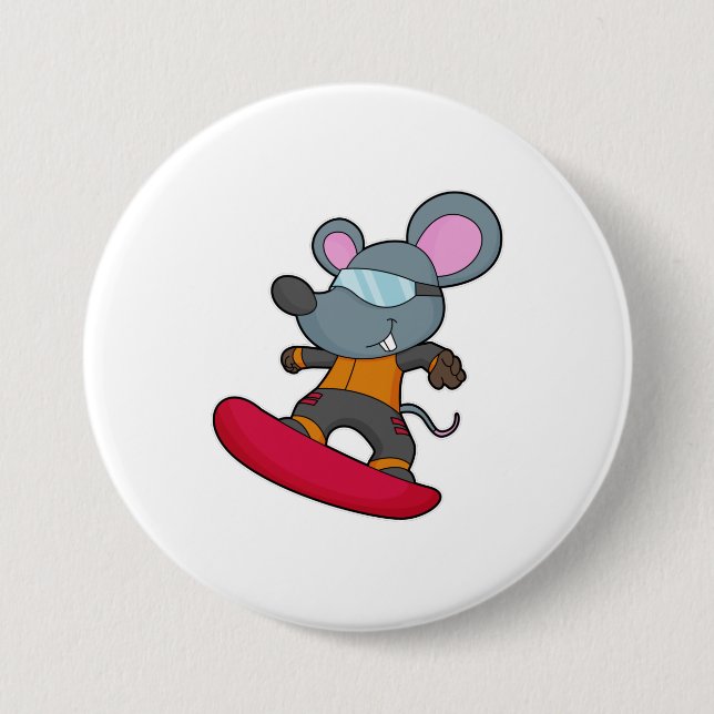Mouse as Snowboarder with Snowboard 7.5 Cm Round Badge (Front)