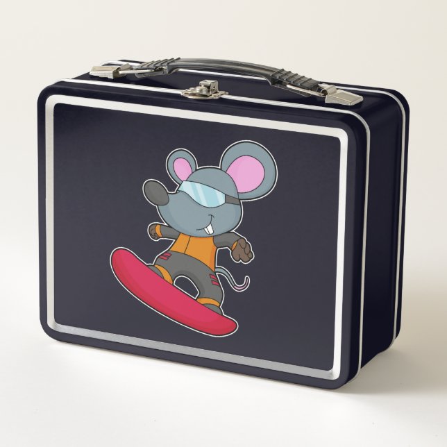 Mouse as Snowboarder with Snowboard Metal Lunch Box (Front)